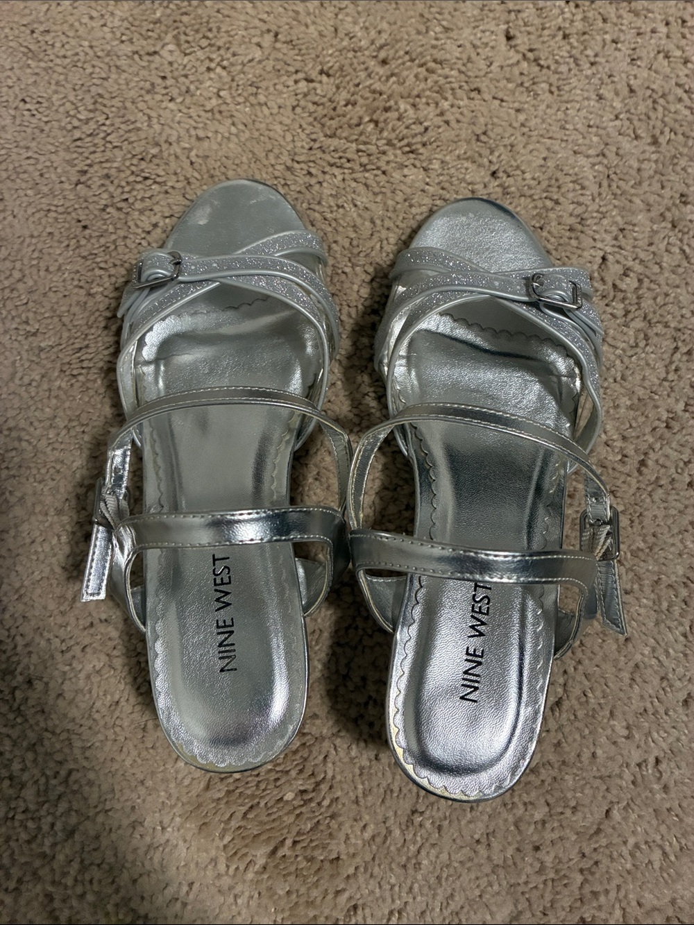 Nine West Metallic Silver Strappy Mid-Heel Sandals
